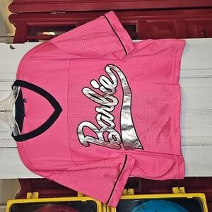 Barbie Malibu 59 Hot Pink Graphic Mesh Jersey Crop Top Metallic Size L